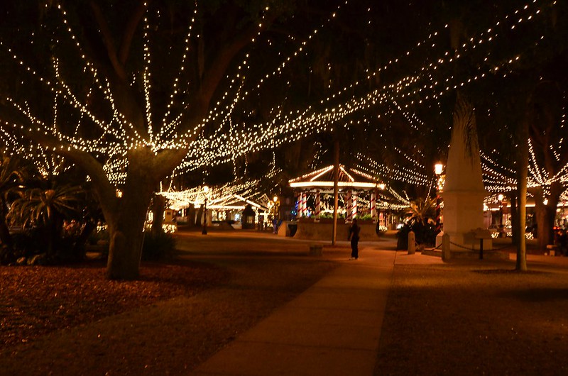 The plaza in St Augustine lit up for Nights of Lights